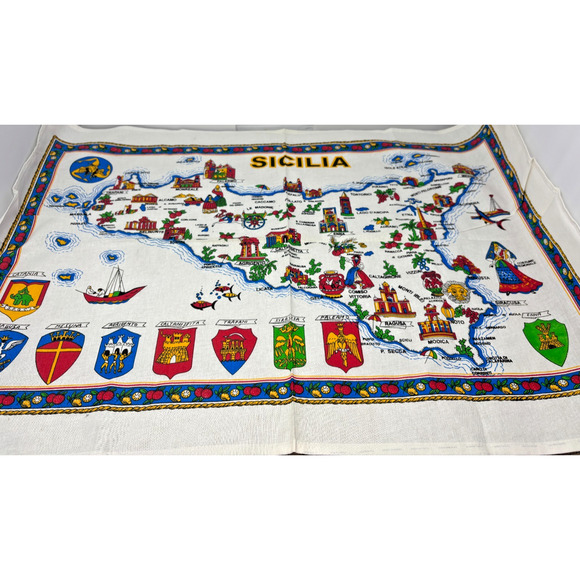 VTG SICILIA Sicily Cotton Tea Towel Dish Kitchen Towel Map Landmarks Crest 23x34 - Picture 2 of 10